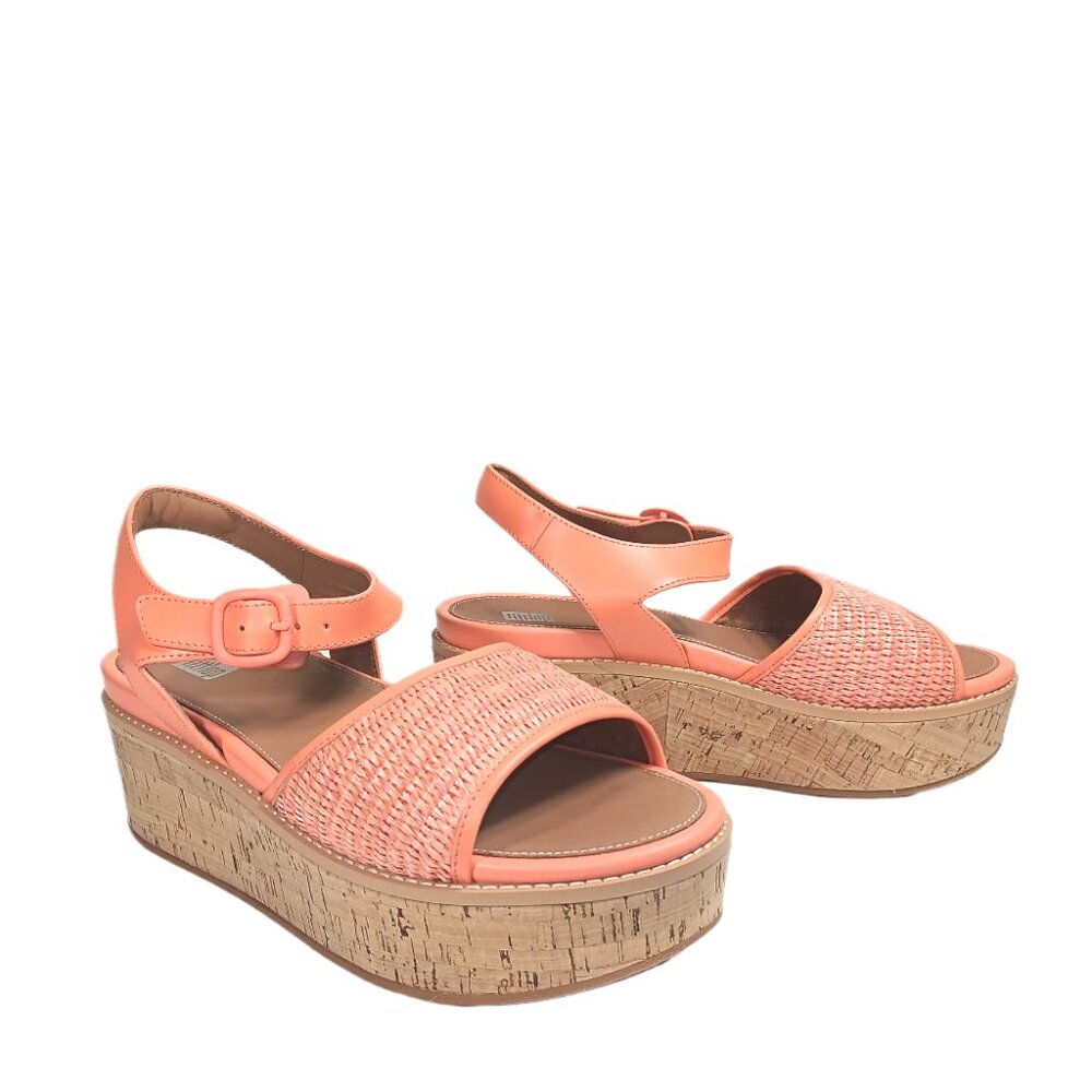 FitFlop Eloise Sandals Womens 9 Sunshine Coral Raffia Woven Cork Comfort Wedge